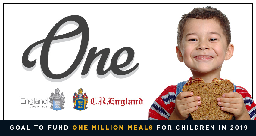 boy smiling holding sandwich next to one initiative logo with england crests one million meals